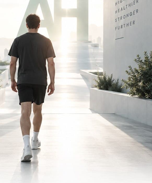 A man walking toward the light along a bright architectural walkway