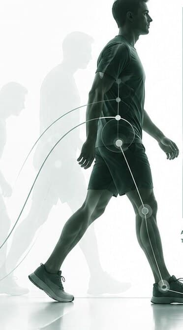 A green silhouette of a man walking, overlaid with movement markers