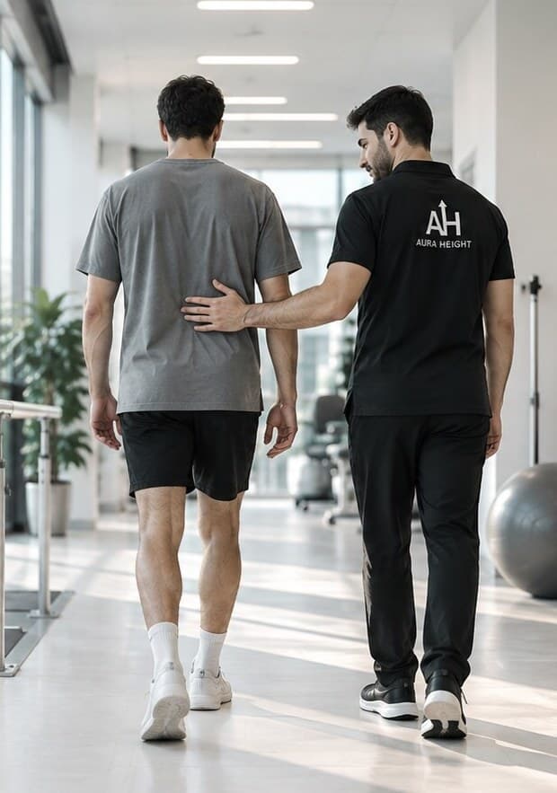 A physiotherapist walking beside a patient down a bright clinic corridor