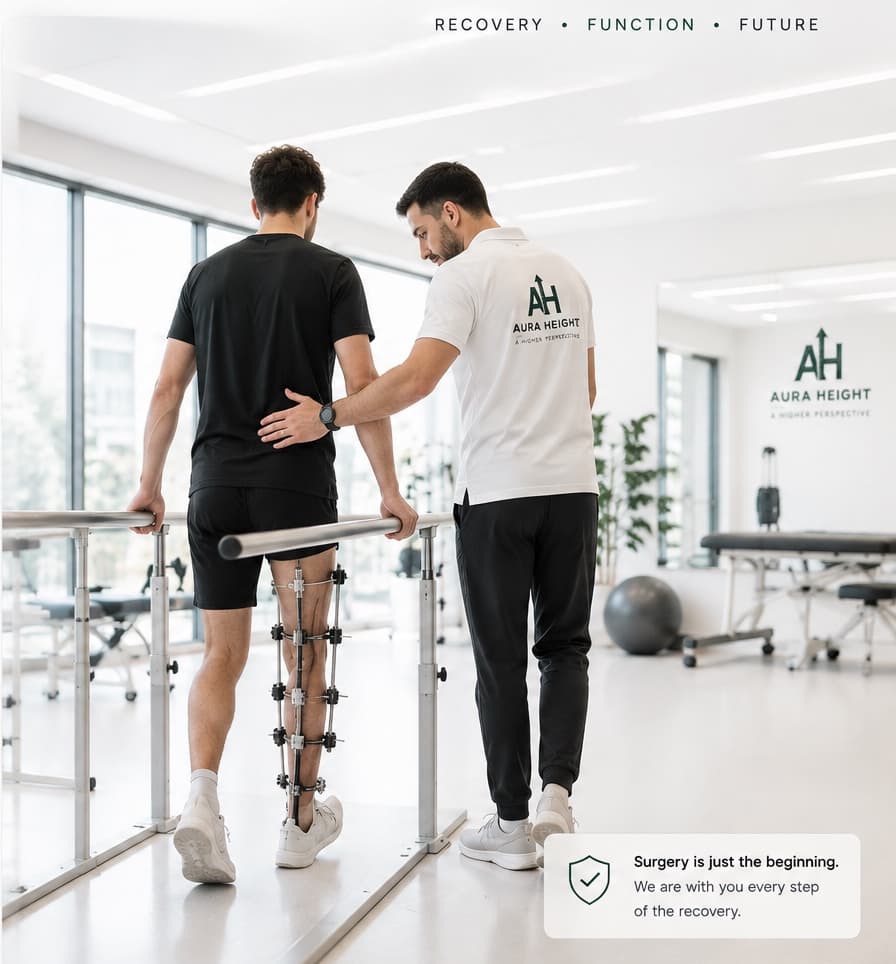 A patient walking between parallel bars with the support of a physiotherapist