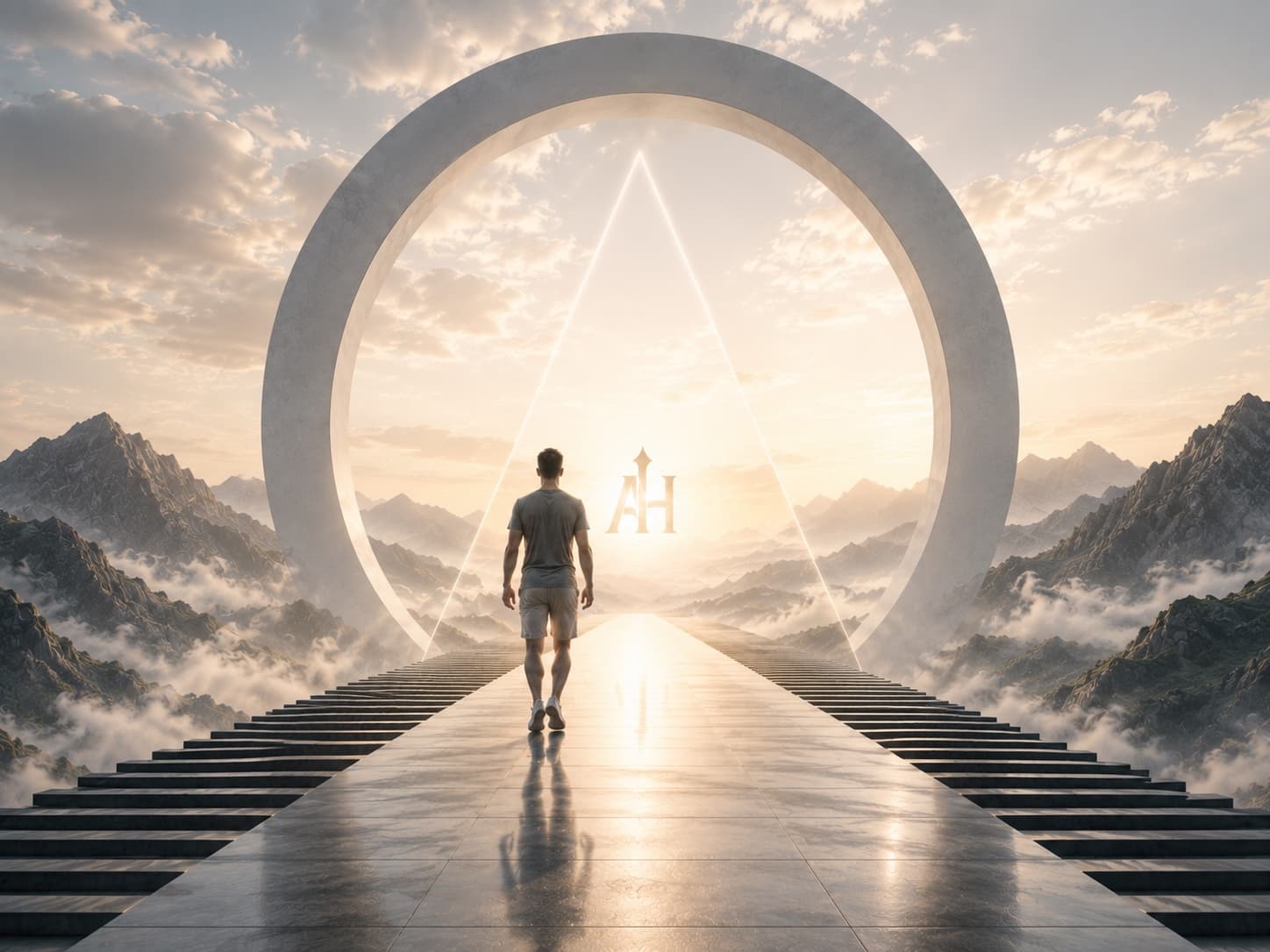 A man walking up marble steps toward a glowing arch between mountains