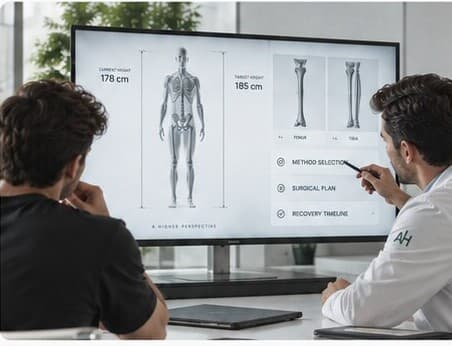 A patient and a surgeon reviewing a height and limb-lengthening plan on a large screen