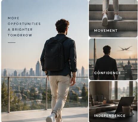 A man looking out over a city skyline after completing his limb lengthening journey