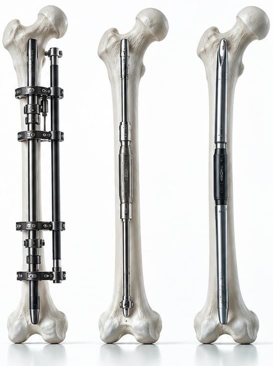 Three femur models side by side showing an external fixator, a motorized nail and a magnetic nail