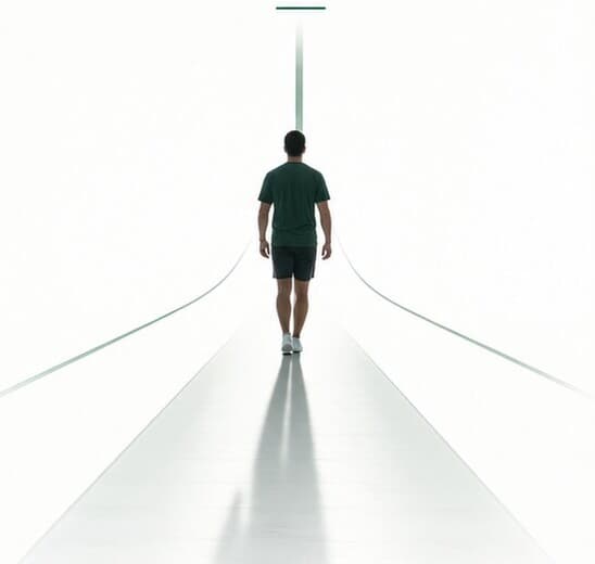 A man walking alone along a bright path that narrows toward the horizon