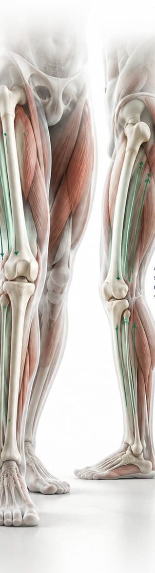Anatomical rendering of both legs showing the muscles, tendons and bones that adapt during lengthening