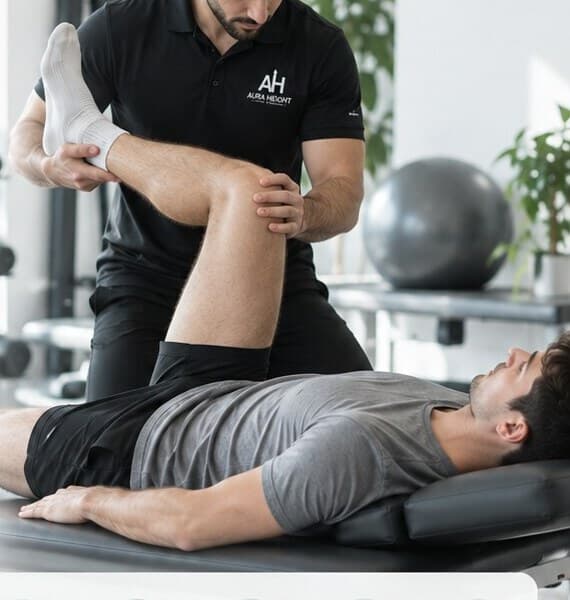 A physiotherapist guiding a patient through a knee mobility exercise on a treatment table
