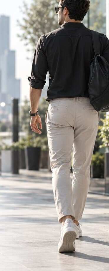 A man walking confidently through a modern city street after completing rehabilitation