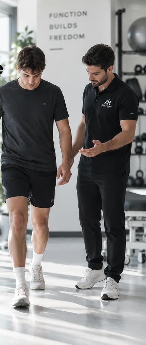 A physiotherapist walking beside a patient along parallel bars in a bright rehabilitation studio